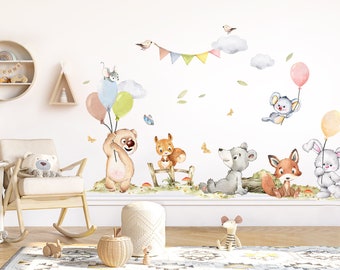 Wandtattoo Waldtiere Wandsticker für Kinderzimmer Bär Fuchs Ballons Wandaufkleber Babyzimmer selbstklebend Deko DK1116