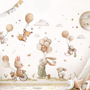 Adesivo da parete animali della foresta con palloncini beige adesivo da parete per la camera dei bambini Adesivo da parete Boho coniglio volpe topo per la decorazione della parete della cameretta DK1145