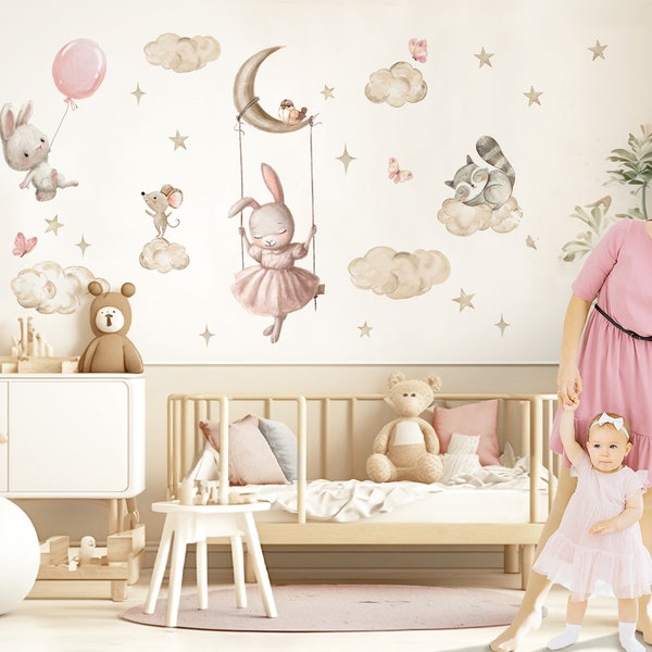 Sticker mural pour chambre de bébé lapin aquarelle sticker mural pour chambre d'enfant animaux ballon sticker mural décoration auto-adhésive DK1127