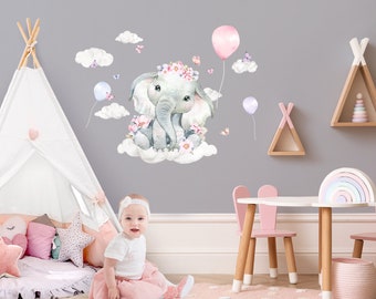 Wandtattoo Elefant mit Wolken Wandsticker für Kinderzimmer Ballon Wandaufkleber für Babyzimmer Deko selbstklebend DK1105