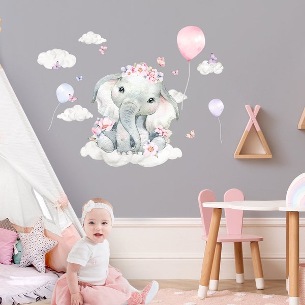 Tatouage mural éléphant avec nuages, autocollant mural pour chambre d'enfant, autocollant mural en ballon pour décoration de chambre de bébé, autocollant DK1105