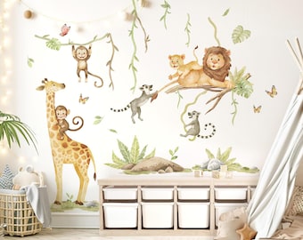 XXL Jungle Animals Set Wall Decal for Children's Room Safari Monkeys Giraffe Wall Stickers for Baby Room Wall Decals Decoration Self-Adhesive DK1148