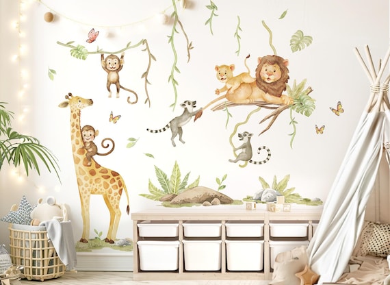 Wandtattoo Dschungeltiere – Löwe, Elefant, Giraffe, 71x60 Cm, Selbstklebend, Für Kinderzimmer