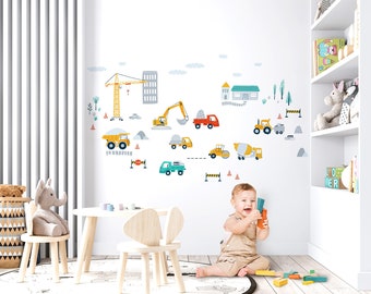 Muursticker voertuigen set babykamer kinderkamer auto kraan transport muurtattoo graafmachine zelfklevende muursticker DK1038