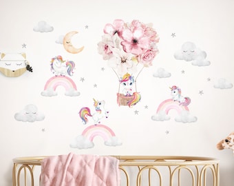 Wandsticker Einhorn Regenbogen Kinderzimmer Wandtattoo Heißluftballon Wolken Wandaufkleber für Babyzimmer Wanddeko DK1069