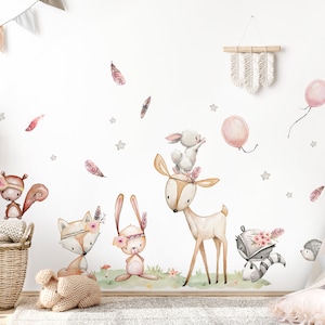 Animaux de la forêt ensemble stickers muraux pour chambres d'enfants sticker mural cerf lapin renard chambre de bébé stickers muraux ballon décoration murale DK1098 image 1