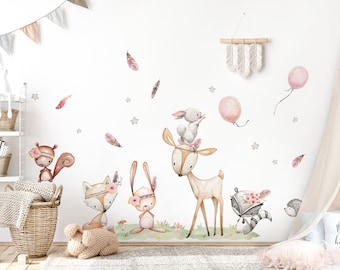 Woodland Animals Set Wall Stickers for Children's Room, Wall Decal Deer, Rabbit, Fox, Baby Room Wall Stickers, Balloon Wall Decoration DK1098
