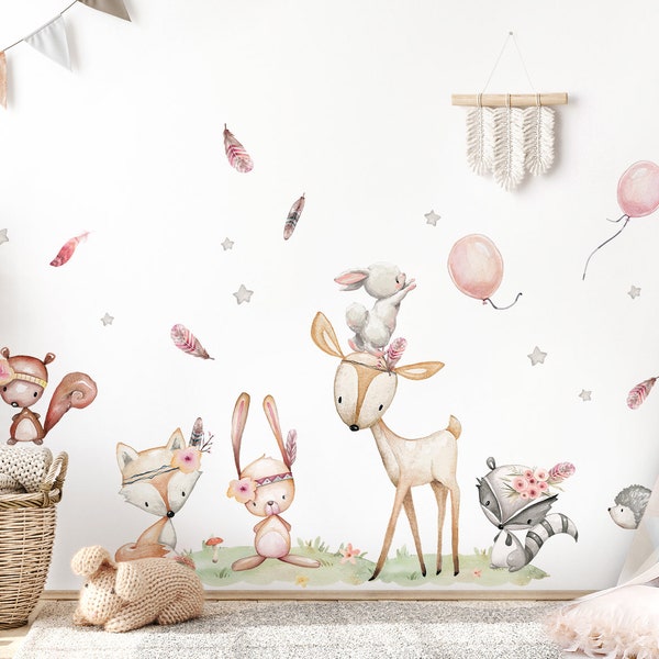Bosdieren set muurstickers voor kinderkamers muurtattoo hert konijn vos babykamer muurstickers ballon wanddecoratie DK1098