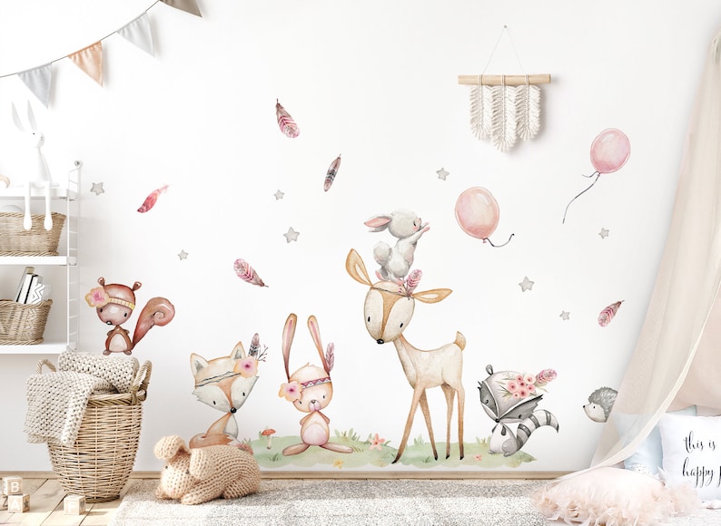 Animaux de la forêt ensemble stickers muraux pour chambres d'enfants sticker mural cerf lapin renard chambre de bébé stickers muraux ballon décoration murale DK1098 image 1