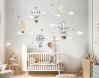 Juego de globos aerostáticos Pegatinas de pared para habitaciones de niños Acuarela Nubes Tatuaje de pared para habitaciones de bebés Boho Pegatinas de pared Deco Autoadhesivo DK1136