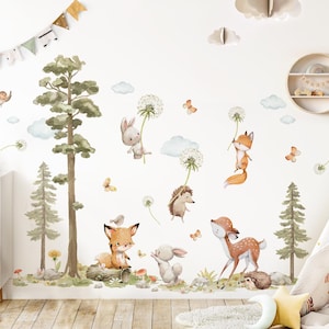 XXL Sticker Set Forest Animals Wall Stickers for Children's Room Dandelion Animals Wall Decal for Baby Room Wall Sticker Decoration Self-Adhesive DK1137