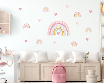 Regenbogen und Herzen Wandsticker für Kinderzimmer Wandtattoo für Babyzimmer rosa Wandaufkleber selbstklebend Deko DK1081