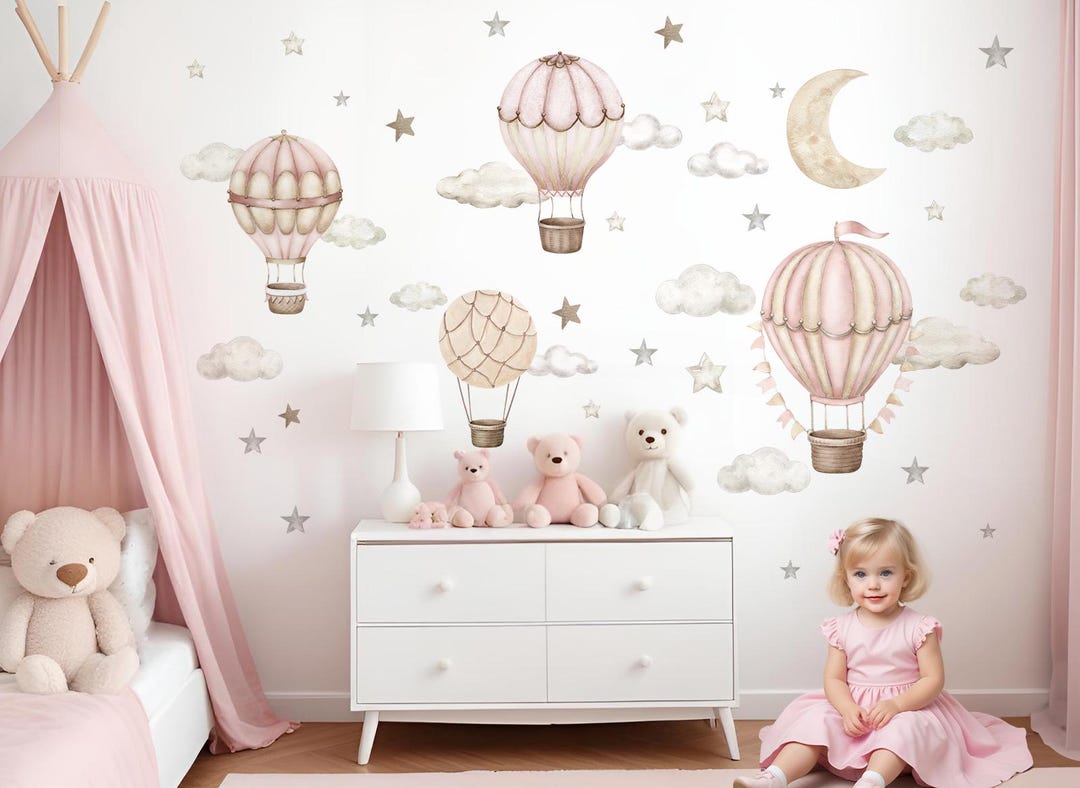 Hot Air Balloon Cloud Wall Decal, Watercolor Boho Wall Sticker for Baby ...