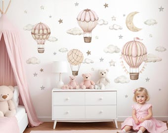 Hot Air Balloon Cloud Wall Decal, Watercolor Boho Wall Sticker for Baby Room, Self-Adhesive Decor DK1165