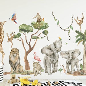 XXL Wandtattoo Set für Kinderzimmer Dschungel Tiere Wandsticker Safari Jungle für Babyzimmer Wandaufkleber Aquarell selbstklebend DK1050