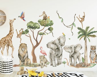XXL muurstickerset voor kinderkamers jungle dieren muurstickers safari jungle voor babykamer muurstickers aquarel zelfklevend DK1050