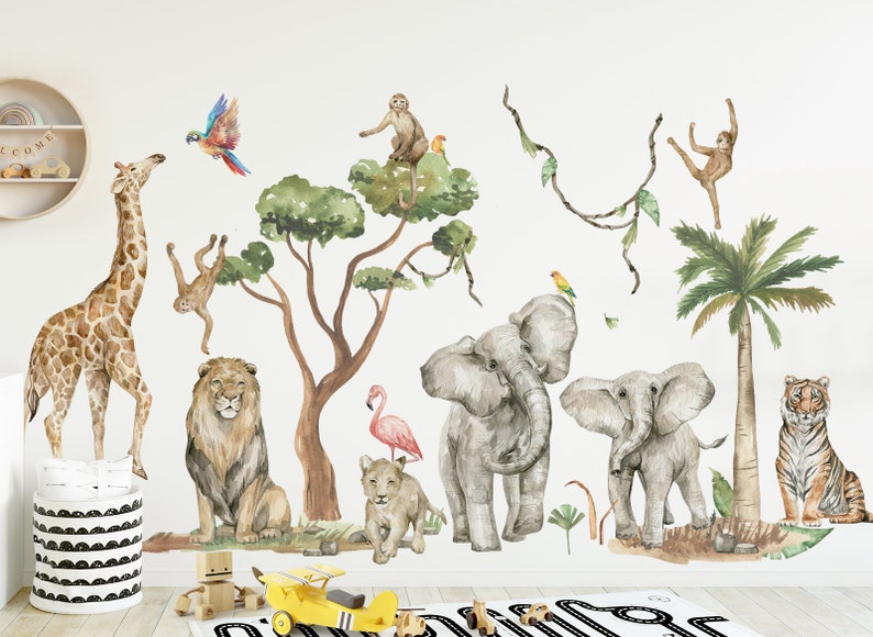 Juego de pegatinas de pared XXL para habitación infantil, pegatinas de pared de animales de la selva, pegatinas de pared de safari para habitación de bebé, pegatinas de pared autoadhesivas de acuarela DK1050 imagen 1