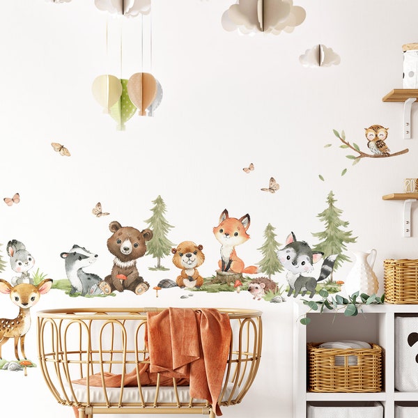 Adhesivo de pared, conjunto de animales del bosque, adhesivo de pared para habitación de bebé, ciervo, conejo, zorro, adhesivo de pared para decoración de habitación de niños, autoadhesivo DK1110