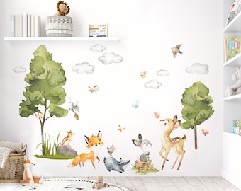XXL stickers muraux animaux de la forêt renard chambre d'enfant sticker mural cerf lapin blaireau oiseaux stickers muraux pour chambre de bébé décoration murale DK1071