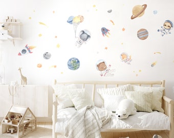 Autocollant mural animaux dans l'espace, autocollant mural astronaute spatial pour chambre d'enfant, autocollant mural pour chambre de bébé, décoration autocollante DK1108
