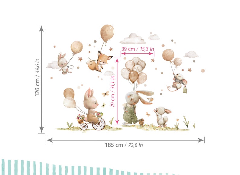 Wandsticker Waldtiere mit beige Luftballons Wandtattoo für Kinderzimmer Boho Hase Fuchs Maus Wandaufkleber für Babyzimmer Wanddeko DK1145 zdjęcie 2