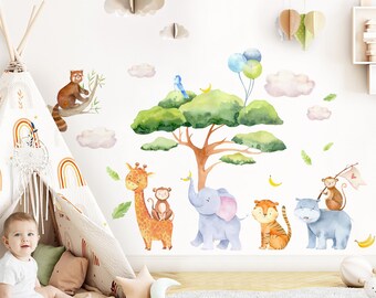 Pegatinas de pared de animales de safari para bebé, juego de jungla, pegatinas de pared para habitación de bebé, pegatinas de pared de acuarela, decoración autoadhesiva DK1085