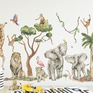 XXL Wall Sticker Set for Children's Room Jungle Animals Wall Sticker Safari Jungle for Baby Room Wall Sticker Watercolor Self-Adhesive DK1050