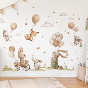 Wall sticker forest animals with beige balloons wall stickers for children's rooms boho rabbit fox mouse wall stickers for baby rooms wall decoration DK1167