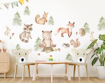 Sticker mural animaux de la forêt - autocollant mural animaux aquarelle - autocollant mural ours renard lapin chambre d'enfant chambre de bébé décoration autocollante DK1092