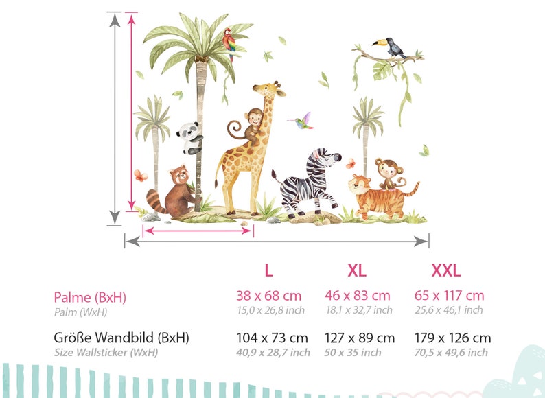 XXL Sticker Set Dschungeltiere Wandtattoo für Kinderzimmer Safari Tiere Wandsticker für Babyzimmer Palmen Wandaufkleber selbstklebend DK1146 zdjęcie 2