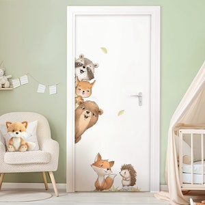 Autocollant de porte animaux de la forêt, autocollant mural pour chambre d'enfant, autocollant mural personnalisé pour chambre de bébé, autocollant mural avec nom, décoration autocollante DK1149 image 3