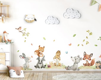 Waldtiere Set Wandsticker für Kinderzimmer Wandtattoo Fuchs Hase Ast Wandaufkleber für Babyzimmer selbstklebend Deko DK1030