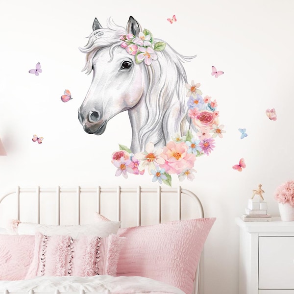 Sticker mural pour chambre d'enfant, tête de cheval, fleurs, papillons, autocollant pour chambre de bébé, animaux, DK1046