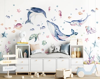 XXL Wandsticker Set Maritime Wandtattoo für Kinderzimmer Meeres Tiere Wandaufkleber für Babyzimmer Aquarell Deko selbstklebend DK1051