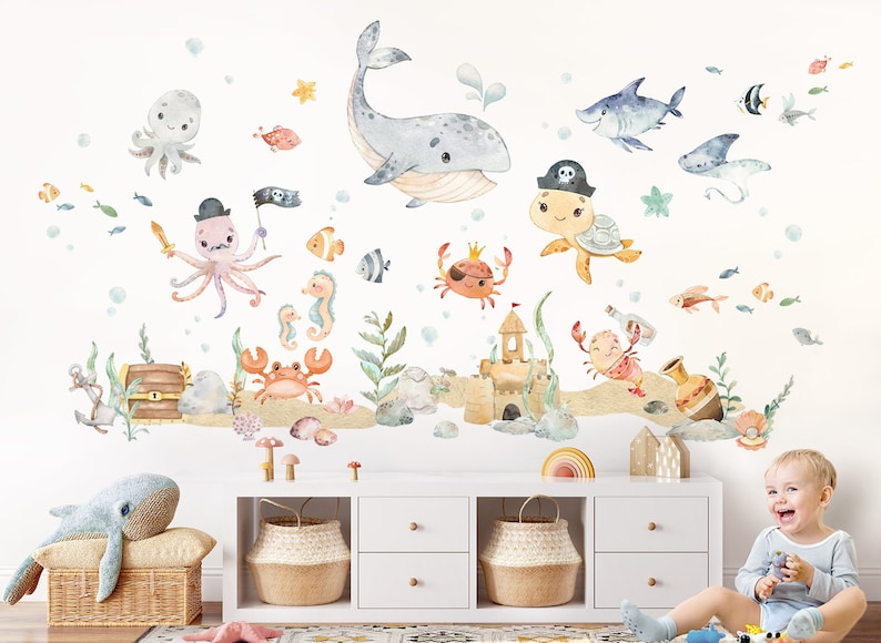 XXL autocollant mural set animaux marins chambre d'enfant autocollant mural océan monde sous-marin autocollant mural pour chambre de bébé décoration murale DK1118 image 1