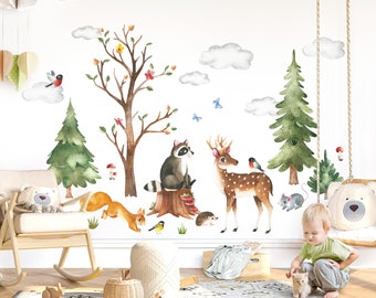 Wandsticker Waldtiere Baum Wandtattoo Waschbär Reh Maus Wandaufkleber für Babyzimmer Kinderzimmer Wanddeko DK1057