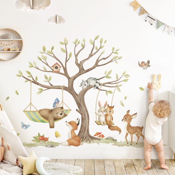 Vinilo decorativo para pared habitación infantil animales del bosque con árbol DK1134