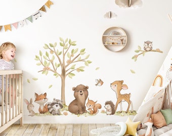 Autocollant mural animaux de la forêt avec arbre, autocollant mural pour chambre d'enfant, autocollant mural animaux bohème pour décoration de chambre de bébé, autocollant DK1147