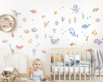 Wandsticker Set 52 Stück Meerestiere Wandtattoo für Kinderzimmer Fische Unterwasserwelt Wandaufkleber für Babyzimmer Badezimmer Deko DK1144