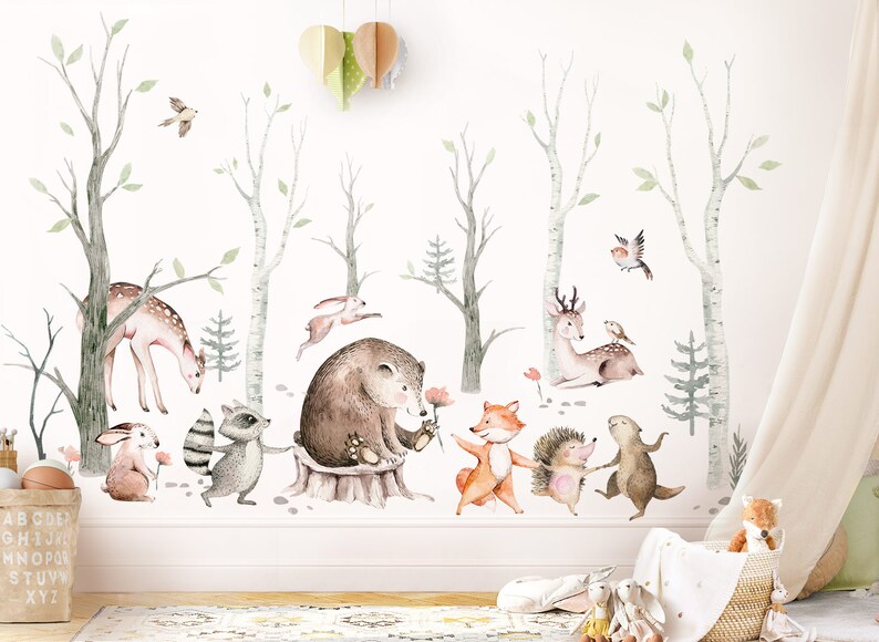 Autocollant mural XXL animaux de la forêt avec arbre, autocollant mural pour chambre d'enfant, décoration murale pour chambre de bébé, DK1117 image 1