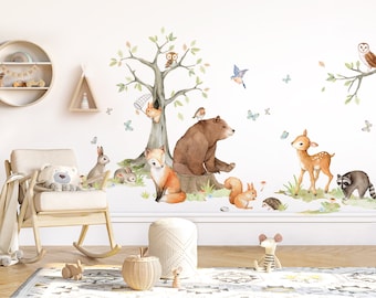 Wandsticker XXL Waldtiere mit Baum Wandtattoo für Kinderzimmer Wandaufkleber für Babyzimmer Wanddeko DK1109