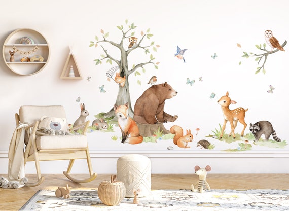 Stickers muraux animaux forêt arbre mur autocollant, sticker mural Animal  pour chambre d'enfant, renard cerf bébé chambre Nur
