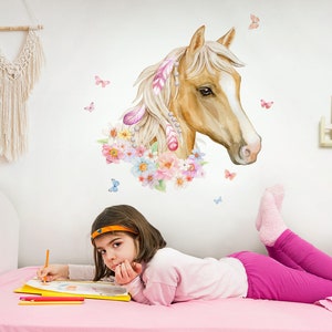 Autocollant mural décoratif pour chambre d'enfant tête de cheval avec fleurs autocollant mural animaux autocollant mural pour chambre de bébé autocollant DK1049 image 1