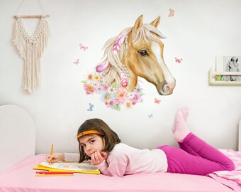 Autocollant mural décoratif pour chambre d'enfant tête de cheval avec fleurs autocollant mural animaux autocollant mural pour chambre de bébé autocollant DK1049