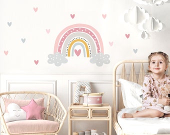 Adhesivo de pared arcoíris con corazones, adhesivo de pared para habitación de niños, adhesivo de pared de nubes, colorido para decoración de pared de habitación de bebé DK1083