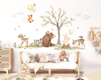 Waldtiere Wandtattoo für Kinderzimmer Bär Hase Reh Wandsticker für Babyzimmer Boho Wandaufkleber selbstklebend Deko DK1113