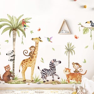 Lot d'autocollants XXL Autocollant mural animaux de la jungle pour chambre d'enfant Autocollant mural animaux de safari pour chambre de bébé Autocollant mural palmier DK1146 image 1