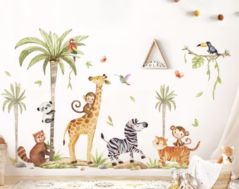 Lot d'autocollants XXL - Autocollant mural animaux de la jungle pour chambre d'enfant - Autocollant mural animaux de safari pour chambre de bébé - Autocollant mural palmier DK1146