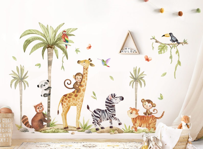 Lot d'autocollants XXL Autocollant mural animaux de la jungle pour chambre d'enfant Autocollant mural animaux de safari pour chambre de bébé Autocollant mural palmier DK1146 image 1