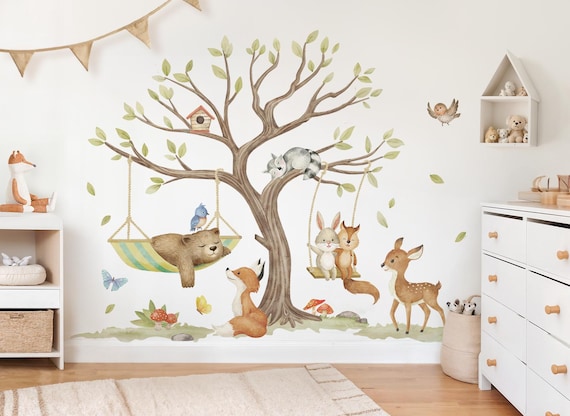 Supzone Peel & Stick Wall Decals - Tiger & Bear Cartoon Animal Forest Scene For Kids Room